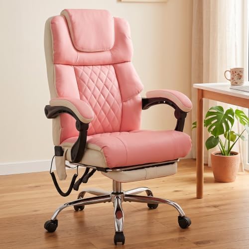 Massage Office Chair with Heat & Footrest,Heated Comfy Reclining Desk Chair with Vibration,Executive Big and Tall Chairs for Heavy People,Adjustable Height Black Pink-White