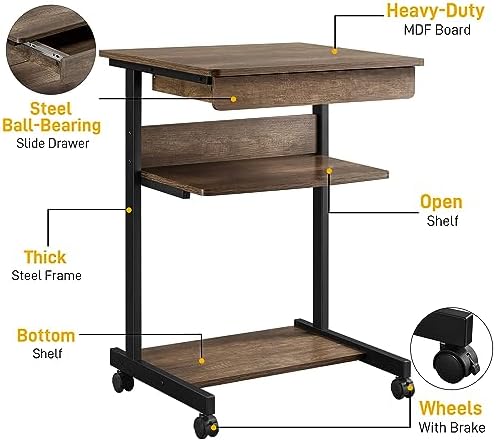 Yaheetech Tiny Mobile Computer Desk,3-Tier Rolling Cart Drawer,Taupe Wood