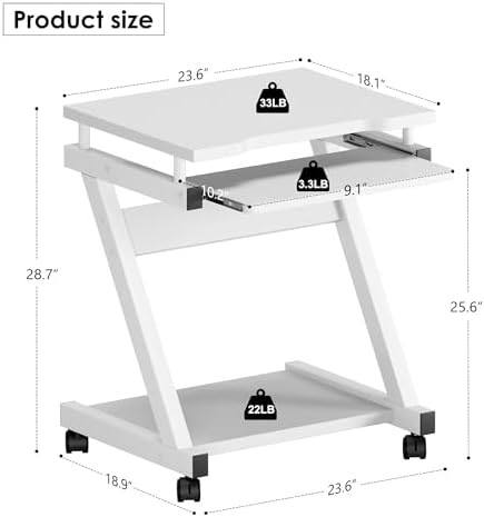 soges Movable Desk for Computer, Small Double-Layer Workstation, Computer Desk Cart, with Universal Lockable Wheels and Keyboard Tray, White