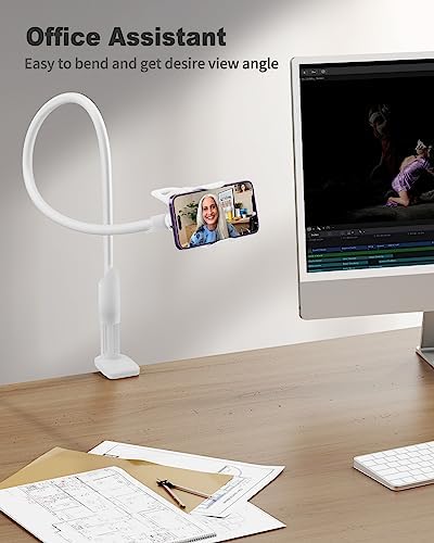 SAIJI Gooseneck Cell Phone Holder, Clamp Universal Lazy Mount Clip Hands Free Flexible Long Arm Bracket Grip for 4.0-6.3 Phones Mobile Stand Baby Monitor for Desk, Bed, Office, Kitchen (White)