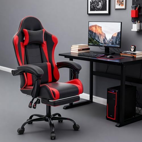 MoNiBloom Gaming Chair, with Footrest & Lumbar Support, Height Adjust, Red