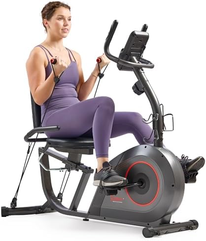 Sunny Health & Fitness Smart Recumbent Bike, Wide Cushioned Seat & Back, Indoor Cycling Machine for Adult/Seniors Home Exercise, Free SunnyFit App Connection