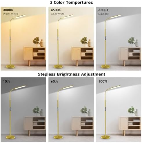 Dimunt LED Floor Lamp, Stepless Adjustable 3000K-6000K Colors, Golden