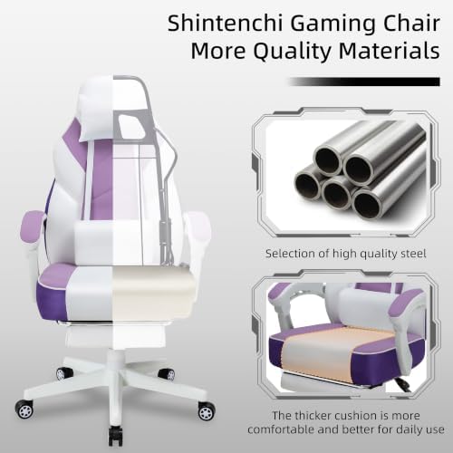 Gaming Chair Ergonomic Computer Gaming Chairs with Footrest, Massage Lumbar Support, Height Adjustment, and 360° Swivel Seat (Purple)