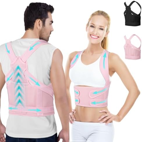 Posture Corrector for Women and Men,4 In 1 Adjustable Full Back Brace,Posture Braces Can Relieve Upper and Lower Back Pain, Shoulder Braces for Hunchback,Scoliosis, Lumbar Spine, Spine（Medium Pink）