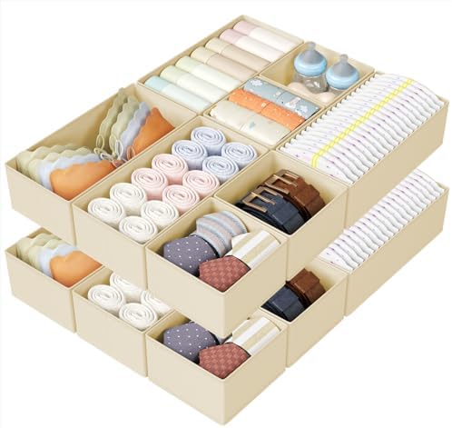 DIMJ Drawer Organizers Clothes, Set of 16 Dresser Organizer Bins, Fabric Closet Organizers and Storage, Shallow Drawer Dividers for Nursery, Clothing, Baby Clothes, Socks, Underwears, Tie (Beige)