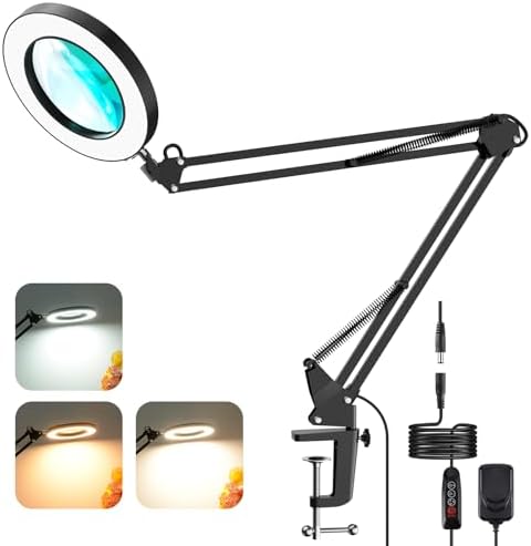 YOUKOYI LED Magnifying Lamp Metal Swing Arm Magnifier Lamp- 10 Levels Brightness, 3 Color Modes, 5X Magnification, 4.1" Diameter Glass Lens, Adjustable Industrial Clamp for Reading/Office/Work (Black)