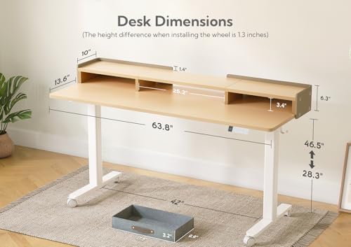 Claiks Standing Desk with Drawers & Wheels, 2 Height Shelf 63" Natural