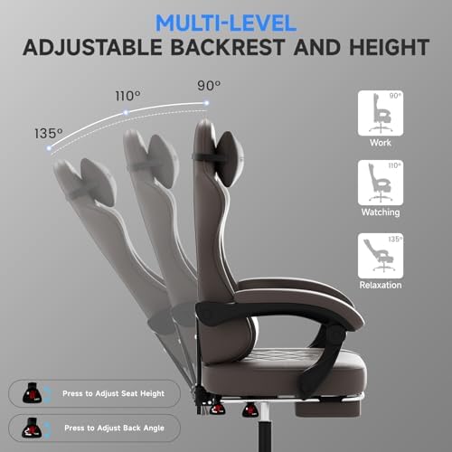 Gaming Chair with Footrest, Ergonomic Leather Computer Chair with Lumbar Support, Height Adjustable High Back Swivel Office Chair for Adults, Gamer Chair for Gaming, Working,Brown