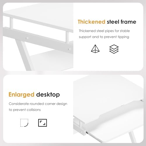 soges Movable Desk for Computer, Small Double-Layer Workstation, Computer Desk Cart, with Universal Lockable Wheels and Keyboard Tray, White