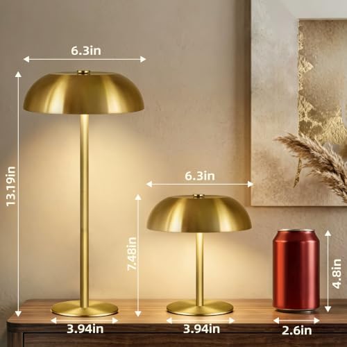 2 Pack Portable LED Mushroom Table Lamp, 12H Cordless Metal Night Light with Rechargeable Battery, Stepless Dimmable 3 Colors Desk Lamp for Bedroom Bar Coffee Shop(Brushed Gold)