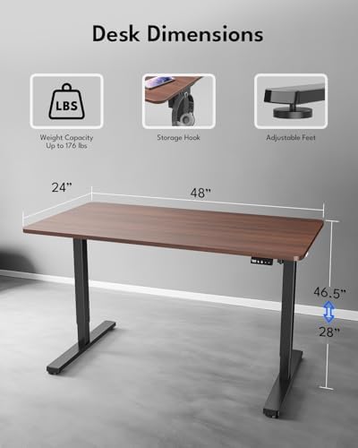Electric Standing Desk, Gaming Desk, 48 x 24 Inch, Walnut