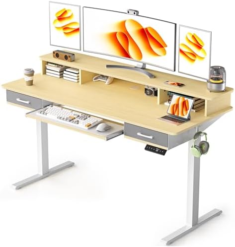 WALKINGDESK 55 Inches Electric Standing Desk with Keyboard Tray, Height Adjustable Sit to Stand Table with 2 Drawers, Ergonomic Home Office Desk with Storage Shelf, Computer Table, Oak