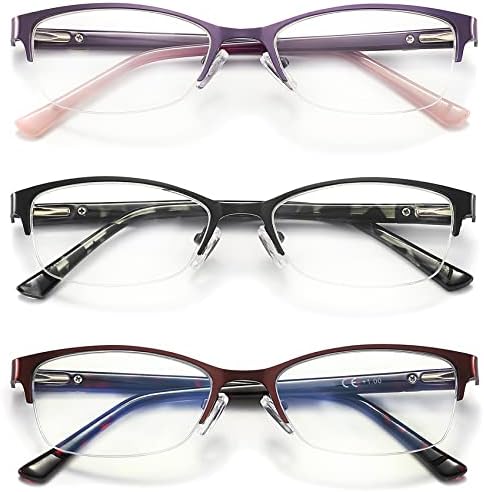 3 Pack Reading Glasses for Women Blue Light Metal Half Frame 2.25