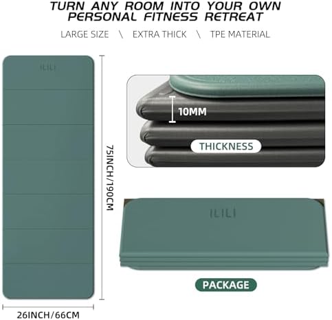 ILILI Foldable Yoga Mat 10mm, Extra Thick, Extra Long, 75x26x0.4 Inch, TPE