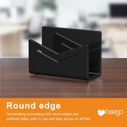 Beego Envelope and Mail Organizer Countertop - Black Acrylic Desk Organizer Letter Holder Desktop File Sorter Bill Document Folder Rack for Office, Home, School Desk Organization
