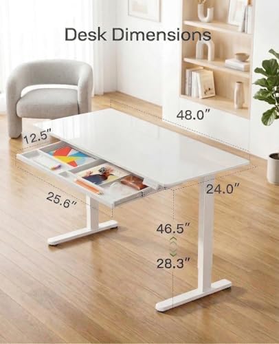 Marsail 48 x 24 inch Glass Standing Desk with 4-Zone Drawer Storage, White