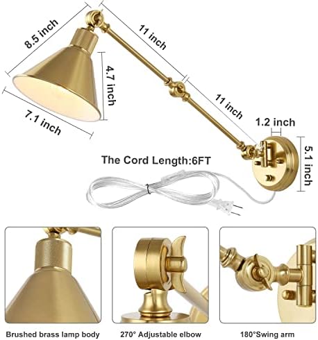 TRLIFE Wall Sconces Plug in, Dimmable Wall Sconces Brushed Brass Swing Arm Wall Lights Plug in Wall Mounted Light Industrial Wall Lights with 6FT Plug in Cord, E26 Base, UL Listed(Two Arms, 2 Pack)