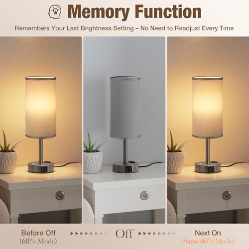Grey Touch Bedside Lamp for Bedroom, Stepless Dimmable, USB A+C, AC Outlet