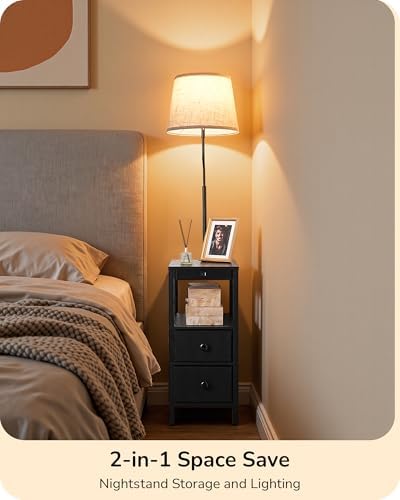 EDISHINE Floor Lamp with Table, Dimmable USB-A+Type-C Ports, Remote, Black