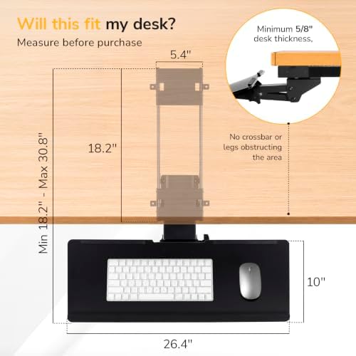 Mount-It! Under Desk Keyboard Tray Slide Out, Height Adjustable Keyboard Mount with Wrist Support, 26" Wide Large Platform, Tilt and Swivel for Office and Home, Black