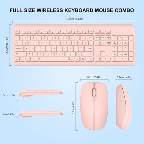 Wireless Keyboard and Mouse Combo, Full-Size Silent Ergonomic Keyboard and Optical Mouse, Long Battery Life, 2.4GHz Lag-Free Cordless Mice Keyboard for Computer, Mac, Laptop, PC, Windows(Pink)