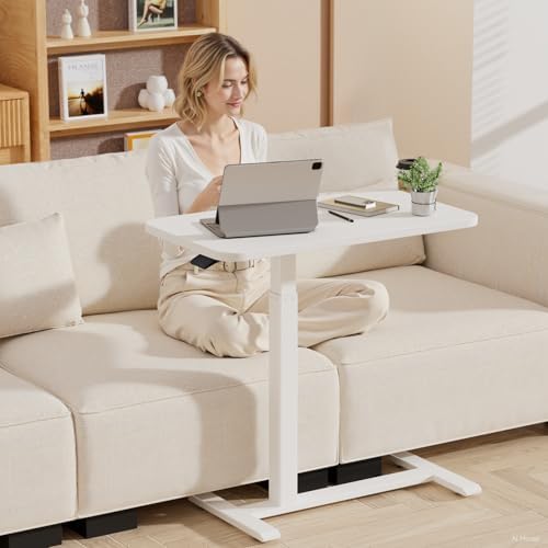 GTPLAYER Small Standing Desk with Hidden Wheels, Pneumatic Mobile Rolling Laptop Desk, Adjustable Height Overbed Bedside Table Computer Workstation for Home Office (32" W x 16" D, White)