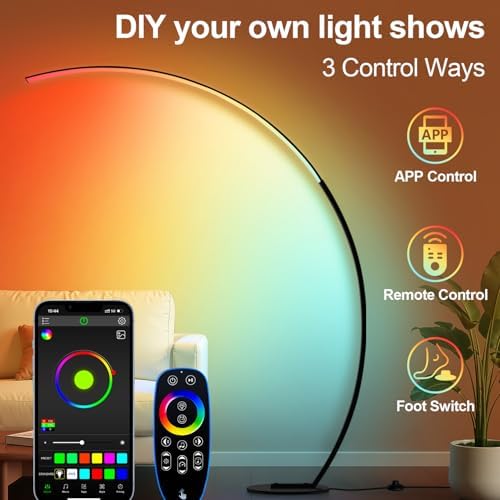 RGB Dimmable Arc Floor Lamps with 3 Color Temperatures, Ultra Bright 1800LM LED Floor Lamps for Living Room, Modern Standing Tall Lamp with Remote Control, Reading Floor Lamp for Bedroom Office