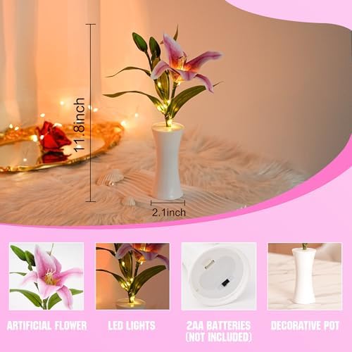 Pink Artificial Lily LED Lamp, Home Decor Light Birthday Gifts for Women