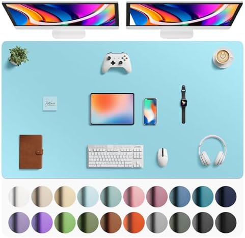 Aothia Faux Leather Desk Mat - Large Mouse Pad, Non-Slip PU Leather Blotter, Waterproof Writing Surface for Office and Home (Blue Topaz, 63" x 24")
