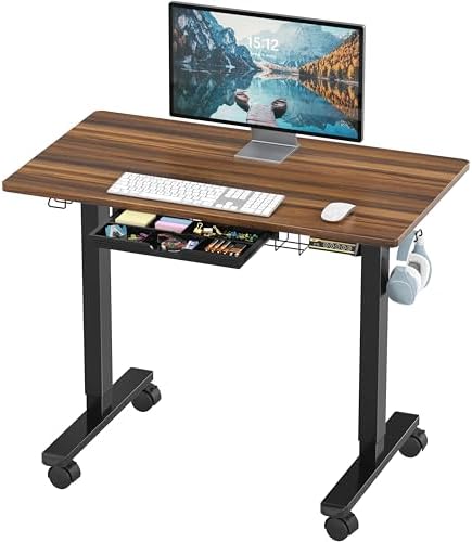 SHW Mobile Electric Height Adjustable Standing Desk w/Drawer, Black
