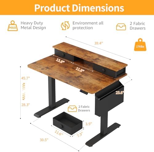 Electric Standing Desk Adjustable Height - 40 Inch Sit Stand Desk with Storage Drawers , Small Standing Desks with Shelf Monitor Stand, Kids Girls Computer Desks for Bedroom Home Office, Rustic Brown