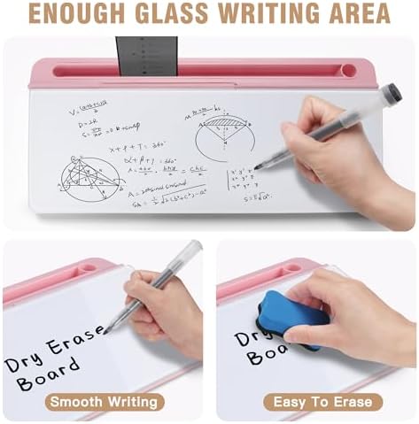 SELEAD Desktop Glass Whiteboard with Storage & Built-in Mirror, Pink