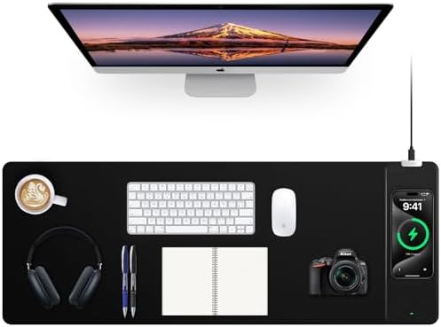 Mouse Pad with Wireless Charging, Black Mousepad Long Desk Mat, Large Gaming Mouse Pad, Soft Mouse Pad Gaming Desk Pad with Non-Slip Rubber Base, Extended Computer Keyboard Mat Office Mice Pad