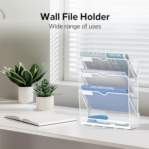 4-Tier Wall File Organizer and Mail Organizer with 5 Hooks, White