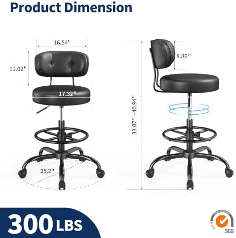 Homkdom Drafting Chair with Dual-Layer Back, PU Leather Black