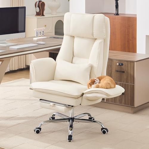 HUBSON Big and Tall Office Chair, Footrest & Flip Armrest for Pets, Beige