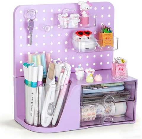 Comix Desk Organizer with 2 Drawer, Purple 360 Rotating Pen Holder for Desk