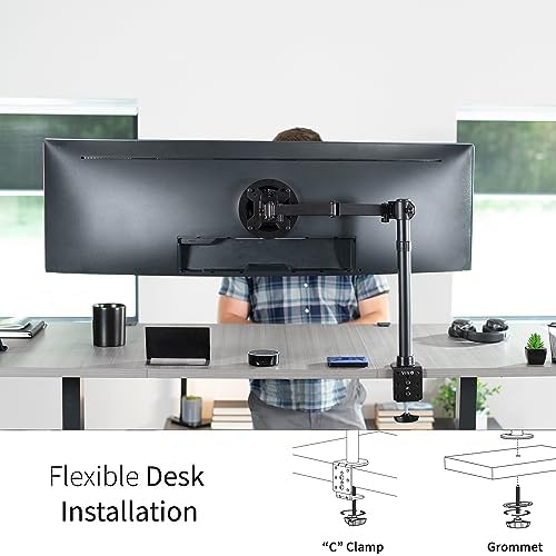 VIVO Single Large Monitor Arm Desk Mount, Holds Screens up to 45 inch Ultrawide, Fully Adjustable Stand with C-Clamp and Grommet Base, VESA 75x75mm or 100x100mm, Black, STAND-V149
