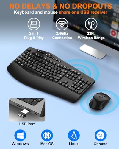 Ergonomic Wireless Keyboard and Mouse Combo, 2.4GHz Full Size Wave Keys Computer Keyboard with Wrist Rest for Natural Typing, Silent 6 Button USB Mouse for Laptop PC Windows Mac (Black)