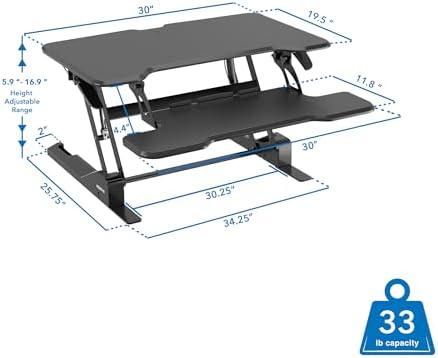 Mount-It! Height Adjustable Standing Desk Converter, Compact 30” Wide Tabletop Standing Desk Riser with Gas Spring, Desktop Stand Up Workstation with Keyboard Tray Fits Monitor or Laptop, Black