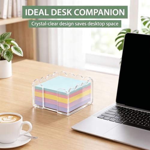 Scalloped Acrylic Sticky Note Holder, 3×3 Inch Clear Sticky Note Dispenser, Thick Wave‑Design Notepad Holder, Anti‑Slip Desk Organizer for Office Home Dorm Classroom