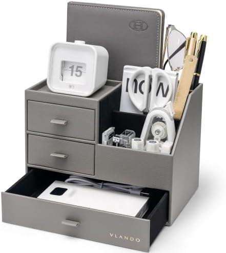 VLANDO Desk Organizer,PU Leather Office Storage with Compartments,Gray