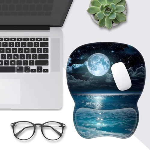 Mouse Pad with Wrist Support,Non Slip Mousepad Wrist Rest for Office, Computer, Moon Illuminating The Clear Blue OceanErgonomic Support Mouse Mat