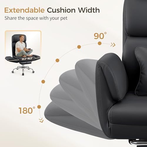 Big and Tall Office Chair 500LBS, Ergonomic High Back Leather Executive Chair, Reclining Swivel with Adjustable Armrests Lumbar Support Footrest, Criss Cross Legged, Black