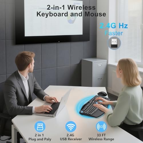 Wireless Keyboard and Mouse Combo, Full Size Ergonomic Wave Keys(Blue)