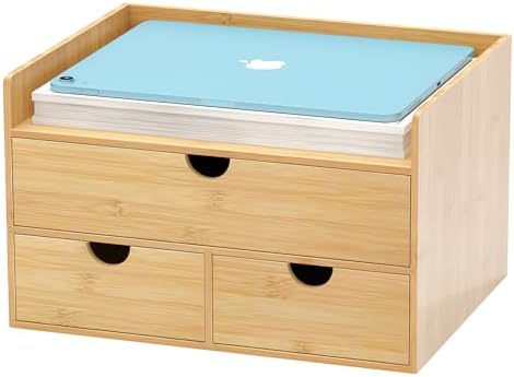 Bamboo Desk Drawer Organizer, Large Desktop Organizer with Drawers Tabletop Storage Organization Box for Office Home Toiletries Supplies Vanity, No Assembly Required (3 Drawer with Shelf)
