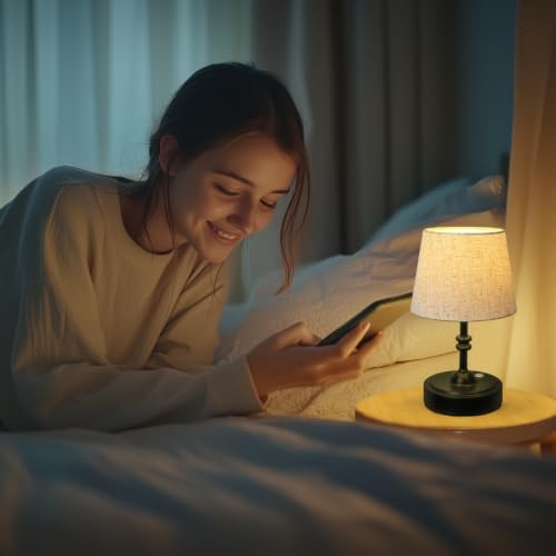ONEWISH Small Cordless Lamp, Battery Operated Table lamp Dimmable, 4000mAh Rechargeable, Touch Bedside Lamp with Beige Linen Shade, 2700K Bulb Included, for Dining, Patio, Bathroom(Black)