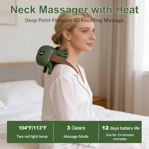 Neck Massager with Heat, Bionic Shiatsu Neck and Shoulder Massager with 4D Kneading Fingers, LCD Display & Adjustable Intensity, Heated Neck Massage Device Simulates Real Palm to Relax Muscle Tension