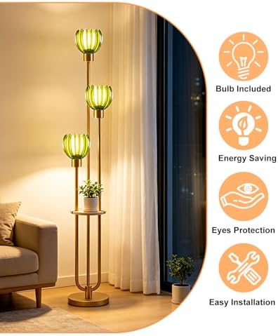 Lightdot Lotus Glass Floor Lamp with Shelf Green Flower Gold Floor Lamps